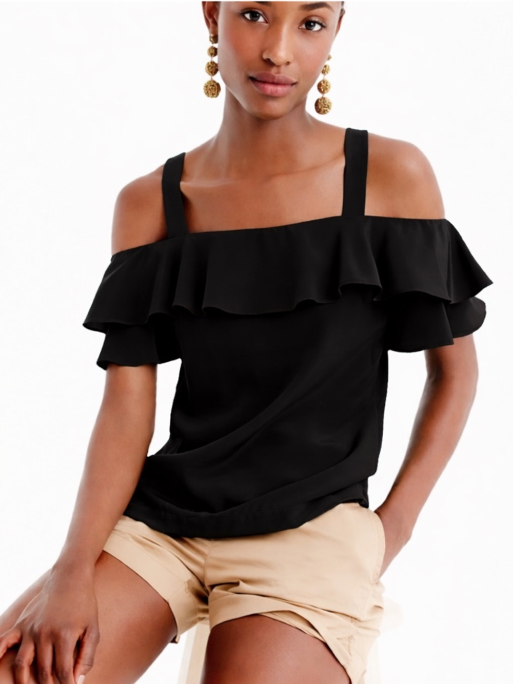 J. Crew 100% Silk Cold Shoulder Ruffle Blouse Top Women’s 8 Black G5184